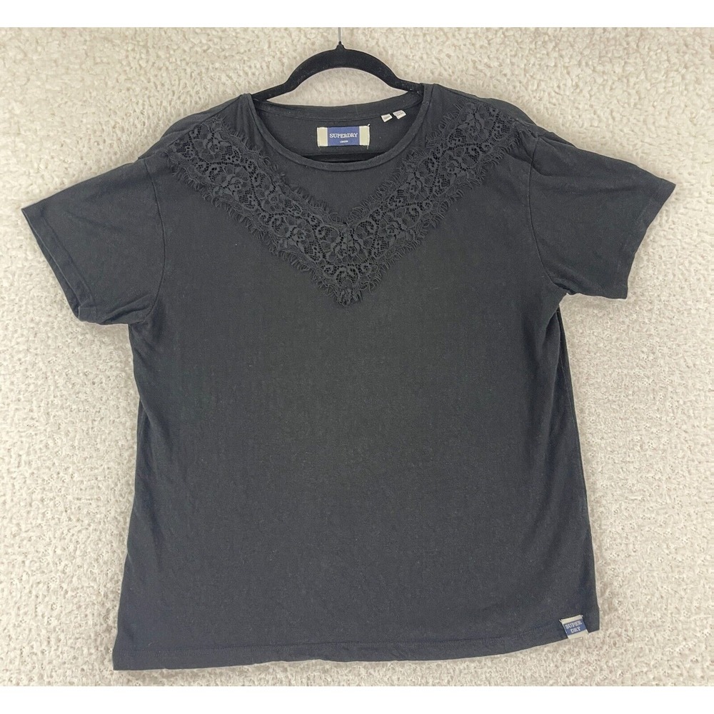 Superdry London Black Lace Black Crew Neck T-Shirt Womens Short Sleeve Size 8